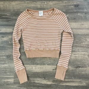Offline by Aerie Striped Tan and White Cropped Ribbed Long Sleeve Size Small
